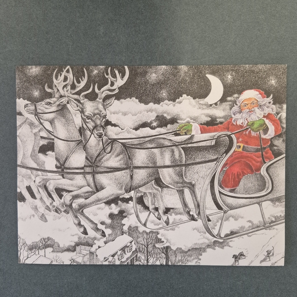 Santa and Reindeer Christmas Card and/or Art Print - Vintage